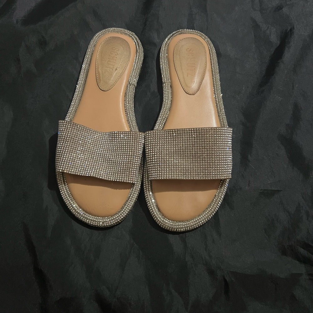 SCHUTZ Tan Rhinestone Slide Sandals